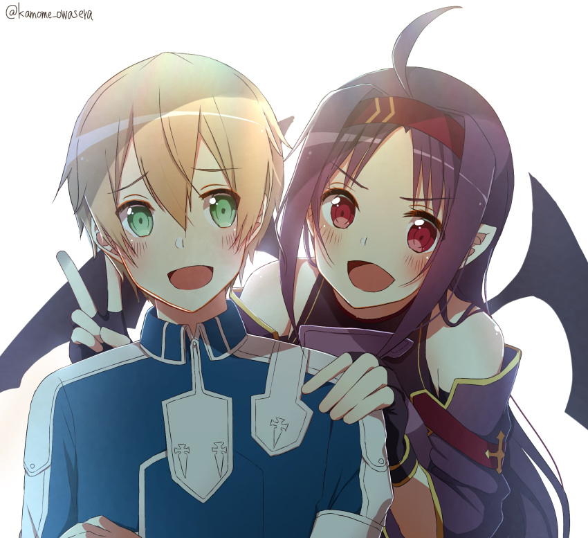 1boy, 1girl, :d, ahoge, black_wings, blonde_hair, blush, detached_sleeves