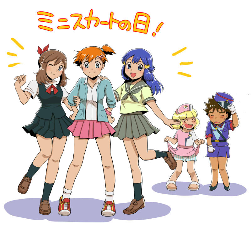 2boys, 3girls, :d, ;), alternate_costume, black_skirt, blue_eyes, blue_hair