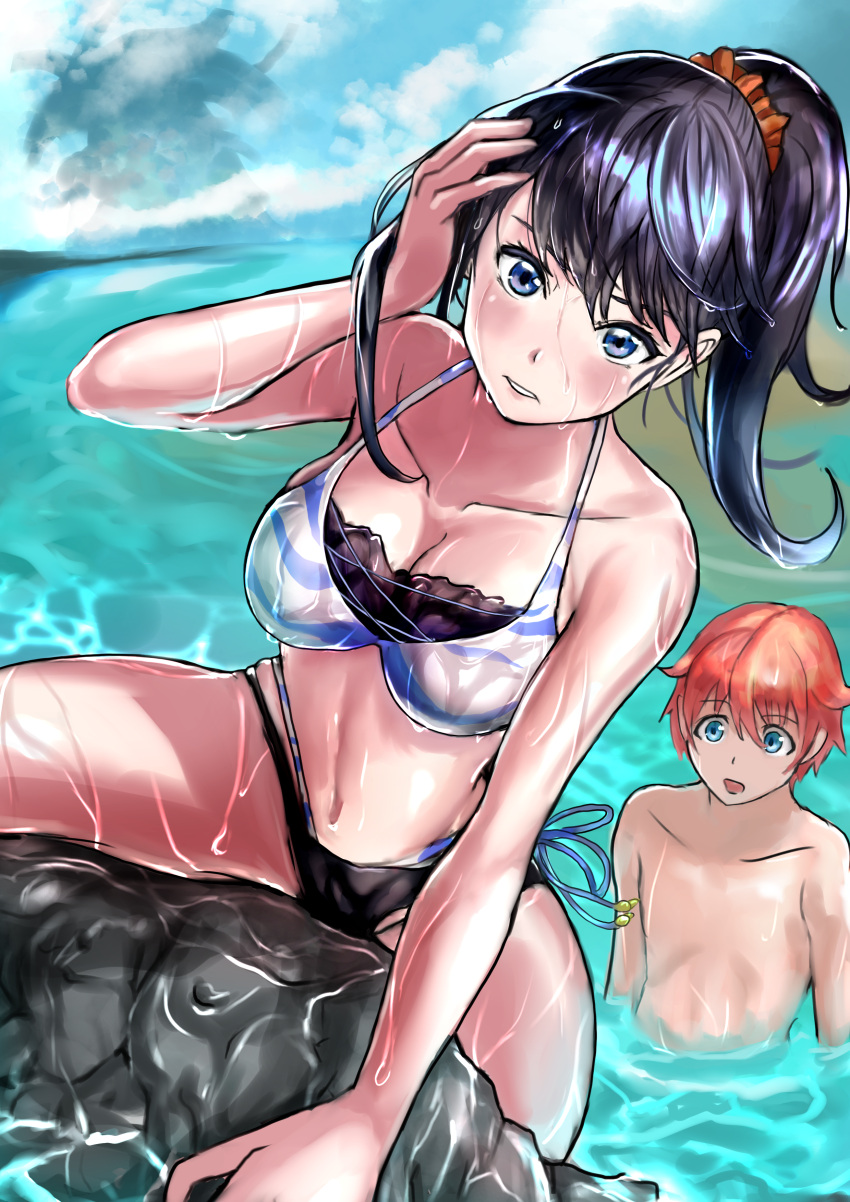 1boy, 1girl, absurdres, animal_print, bangs, beach, bikini, black_bikini_bottom