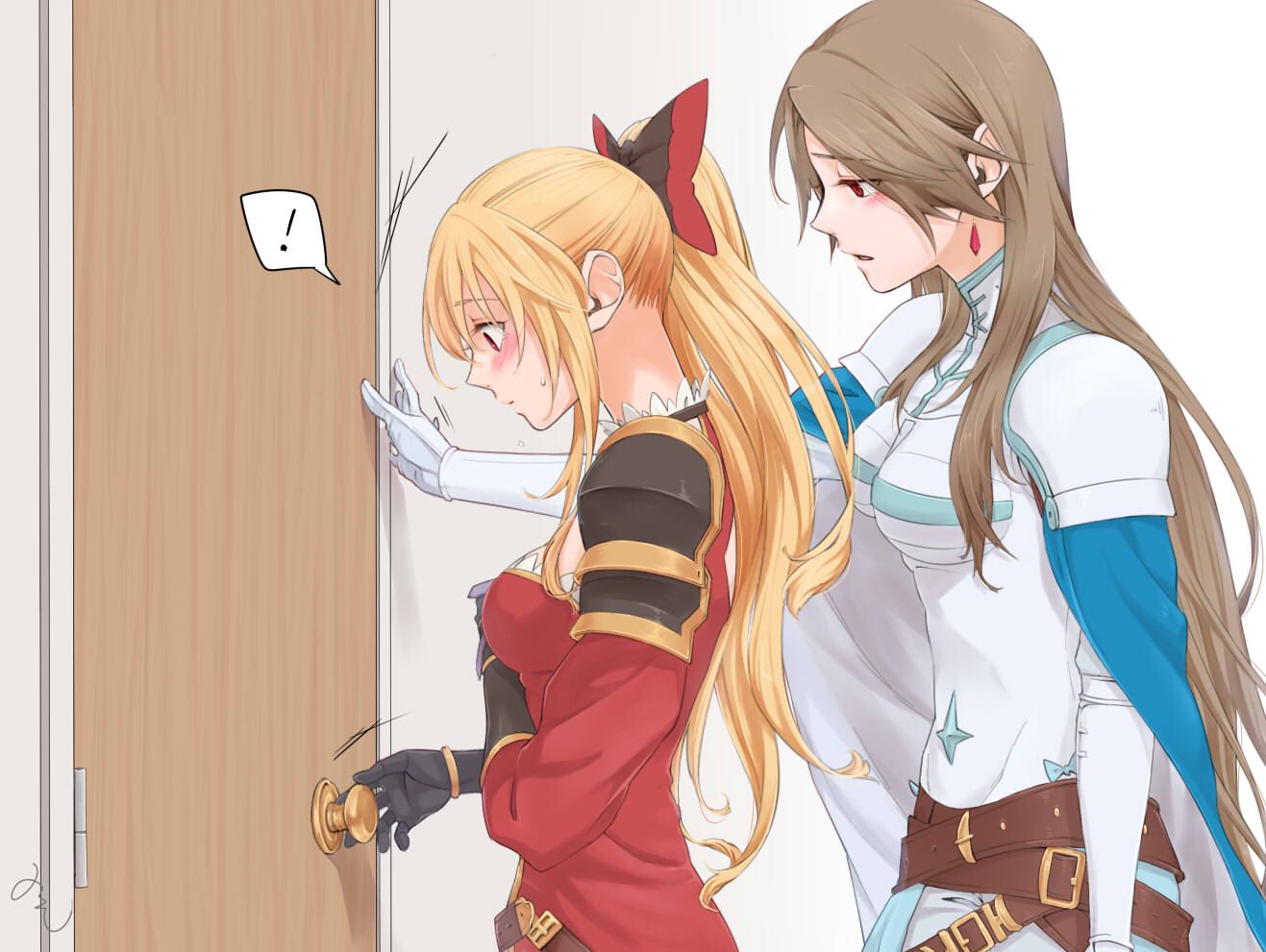 !, 2girls, black_bow, black_gloves, blonde_hair, blush, bow, brown_hair