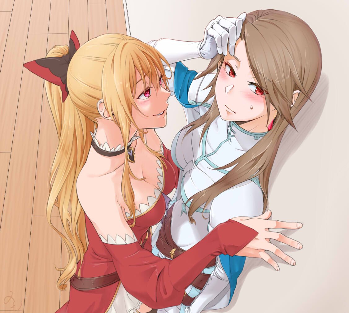 2girls, bare_shoulders, black_bow, blonde_hair, blush, bow, breasts, brown_hair