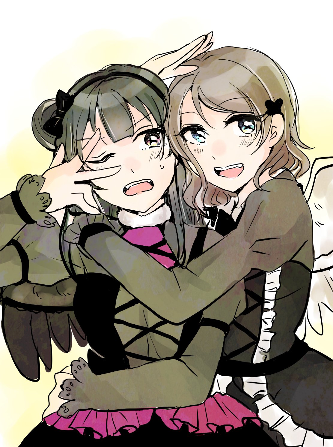 2girls, alice-yuki, alternate_eye_color, aqua_eyes, bangs, black_bow, black_hair, black_wings