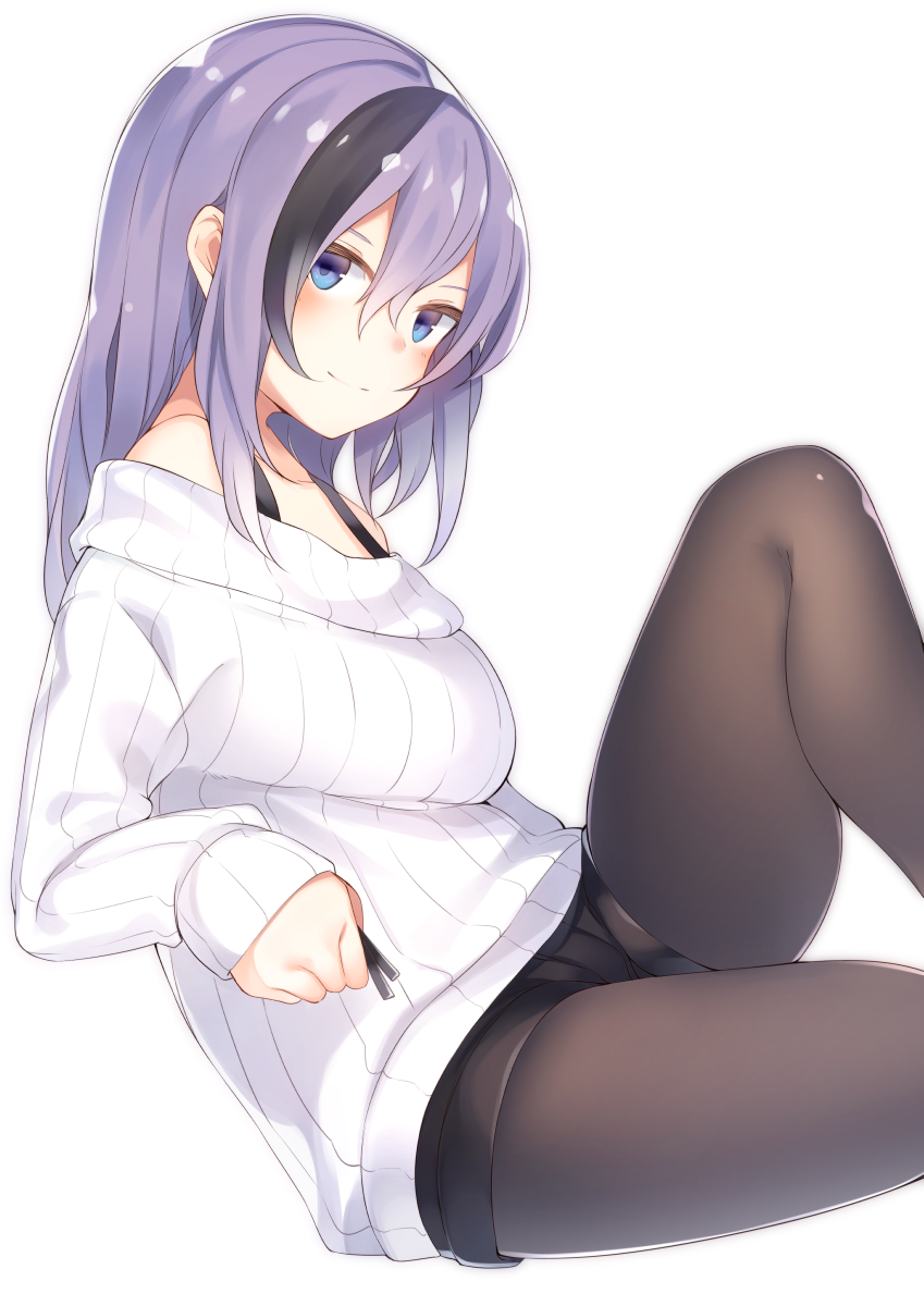 1girl, black_hair, black_legwear, black_shorts, blue_eyes, commentary_request, hair_between_eyes, highres