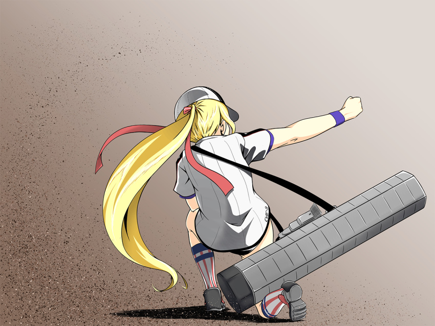 1girl, american_flag_legwear, azur_lane, ballpoint_pen_(medium), baseball_cap, blonde_hair, bogue_(azur_lane), clenched_hand