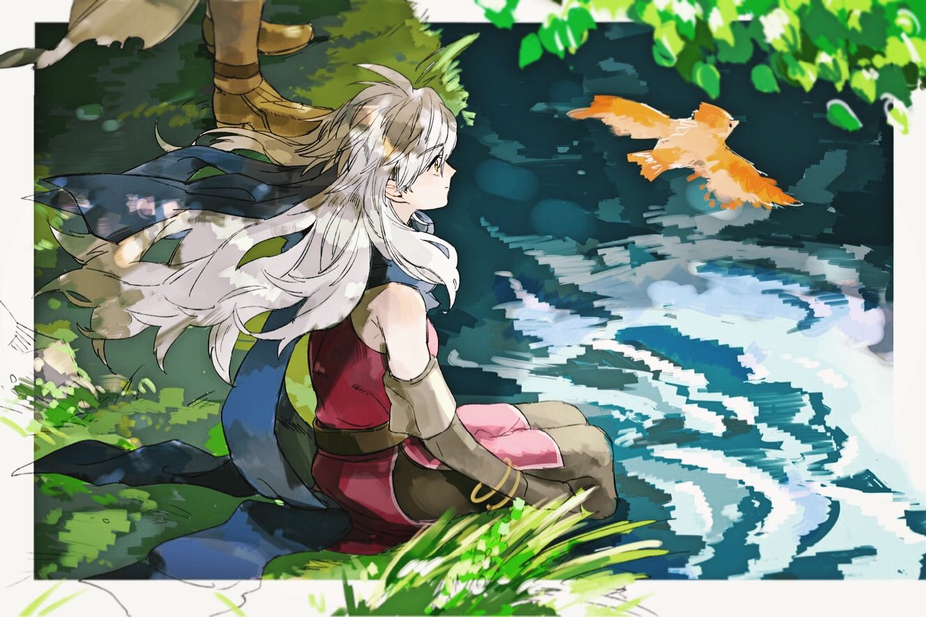 1boy, 1girl, belt, bird, blue_scarf, bracelet, dress, elbow_gloves
