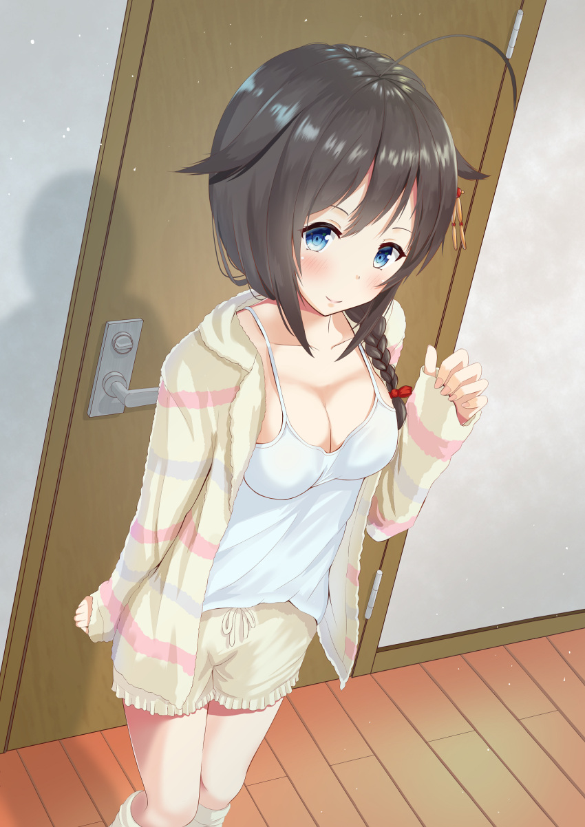 1girl, alternate_costume, black_hair, blue_eyes, blush, breasts, closed_mouth, door