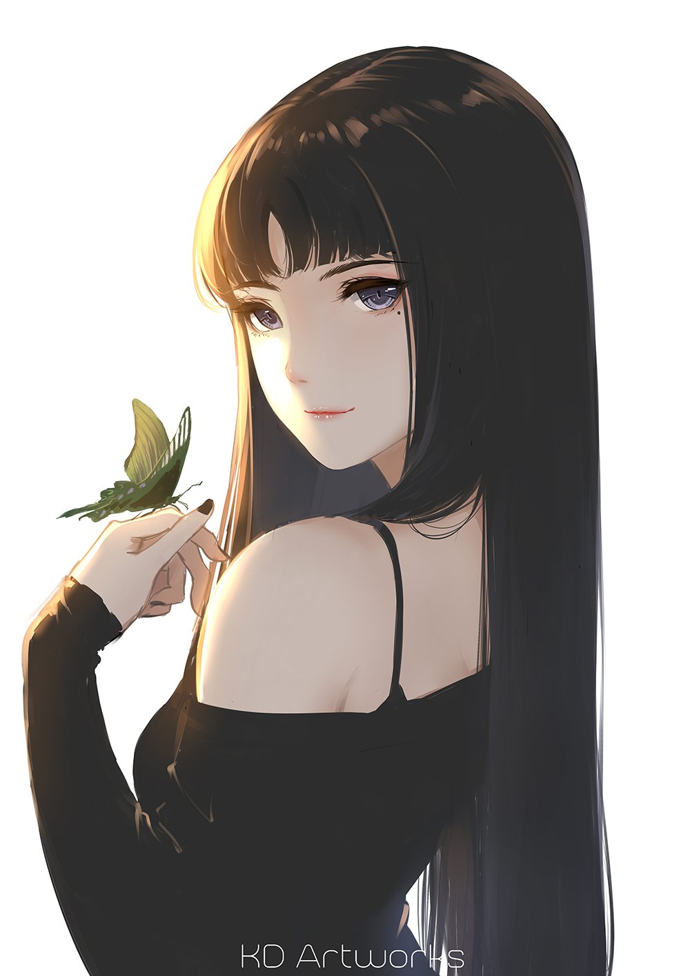 1girl, arm_up, artist_name, bangs, black_nails, black_shirt, breasts, bug