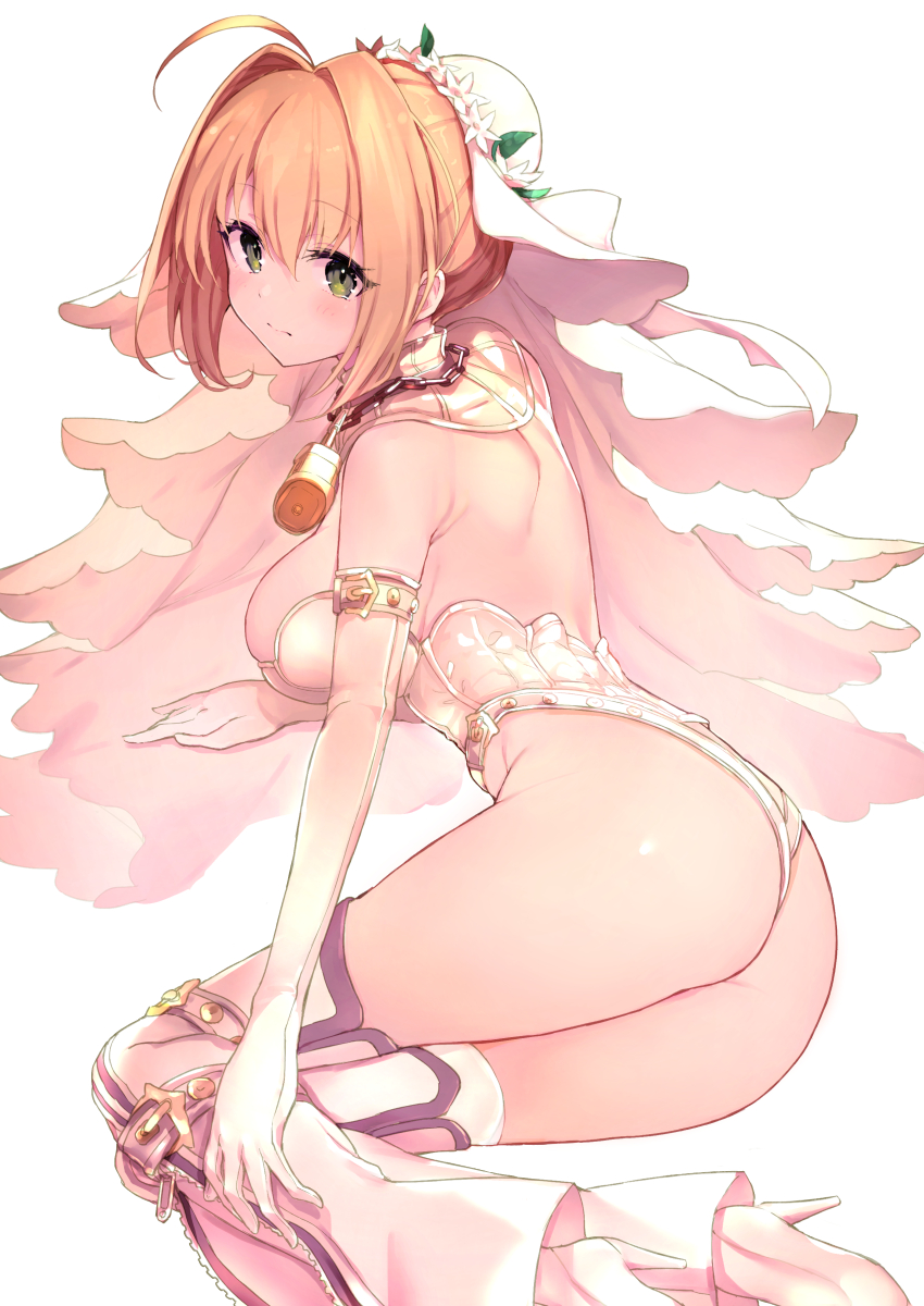 1girl, ahoge, ass, bangs, blonde_hair, breasts, bridal_gauntlets, bridal_veil