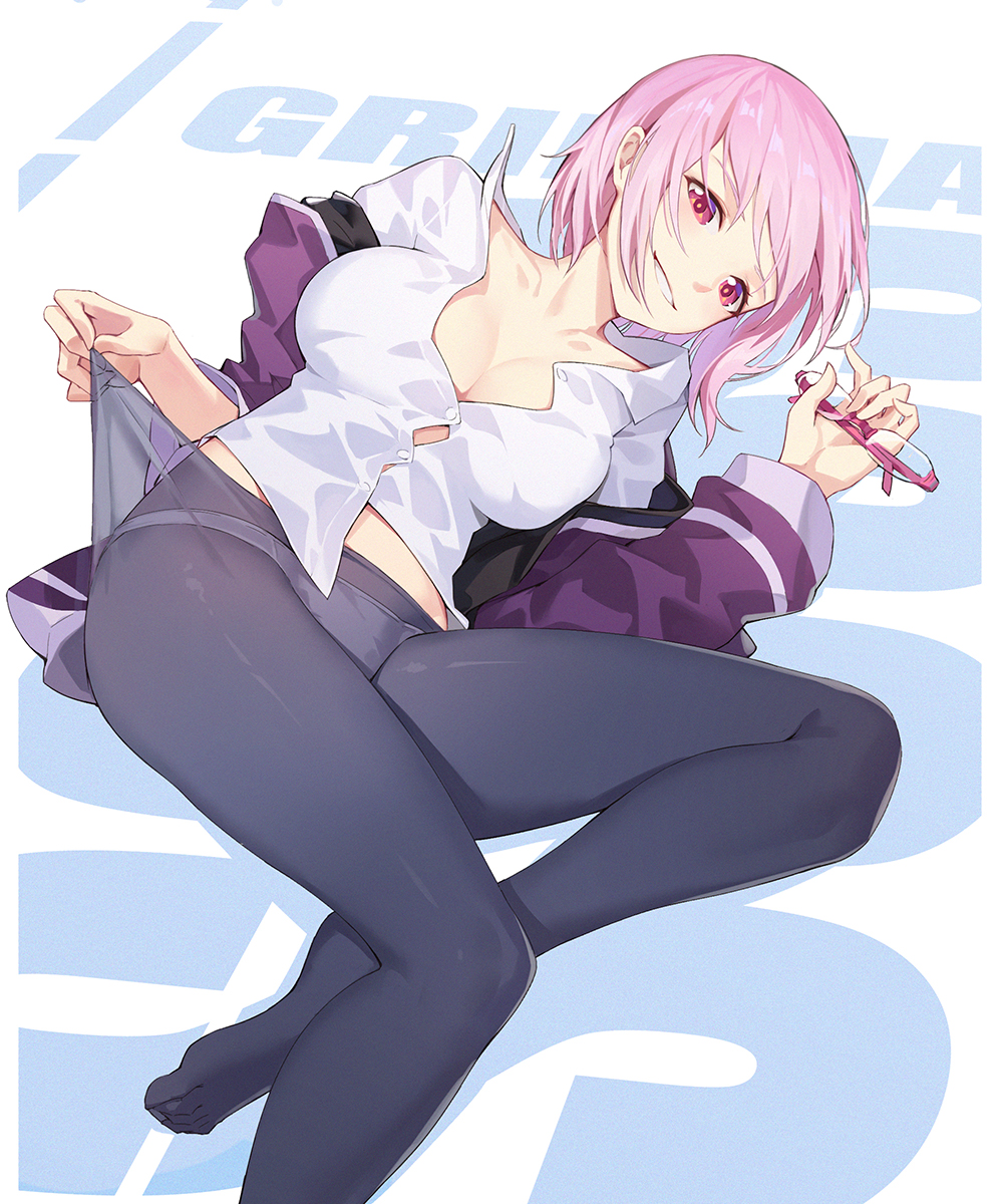 1girl, bangs, breasts, button_gap, cleavage, collarbone, collared_shirt, highres