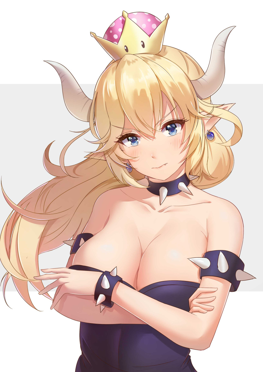 1girl, absurdres, armlet, bare_shoulders, blonde_hair, blue_earrings, blue_eyes, blush, bowsette, bracelet, breasts, cleavage, closed_mouth, collar, collarbone, crown, earrings, eyebrows_visible_through_hair, fang, highres, horns, ijuun, jewelry, large_breasts, long_hair, looking_at_viewer, super_mario_bros., new_super_mario_bros._u_deluxe, nintendo, pointy_ears, ponytail, solo, spiked_armlet, spiked_bracelet, spiked_collar, spikes, super_crown