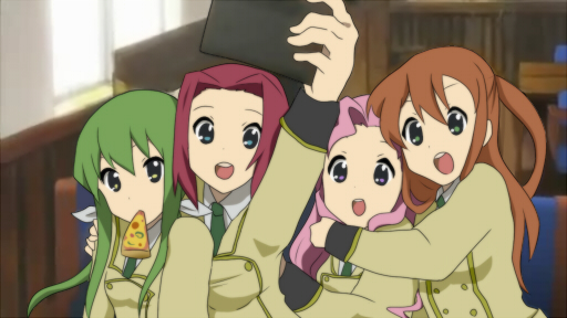 4girls, ashford_academy_uniform, blue_eyes, c.c., code_geass, derivative_work, euphemia_li_britannia, food