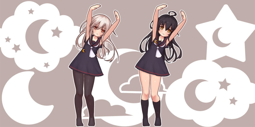 2girls, adapted_costume, armpits, arms_up, black_dress, black_hair, black_legwear, black_serafuku