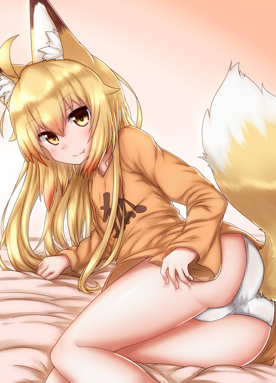 1girl, ahoge, animal_ear_fluff, animal_ears, arm_support, blonde_hair, commentary_request, fang_out