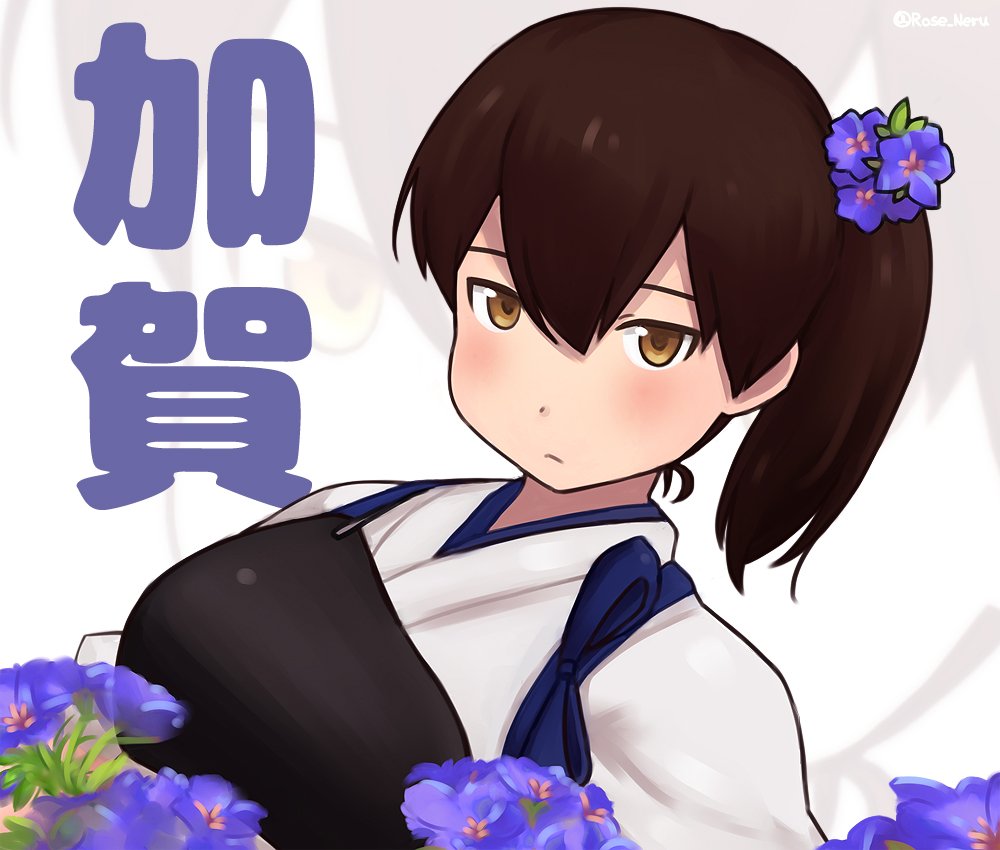 1girl, brown_eyes, brown_hair, character_name, flower, hair_flower, hair_ornament, kaga_(kantai_collection)