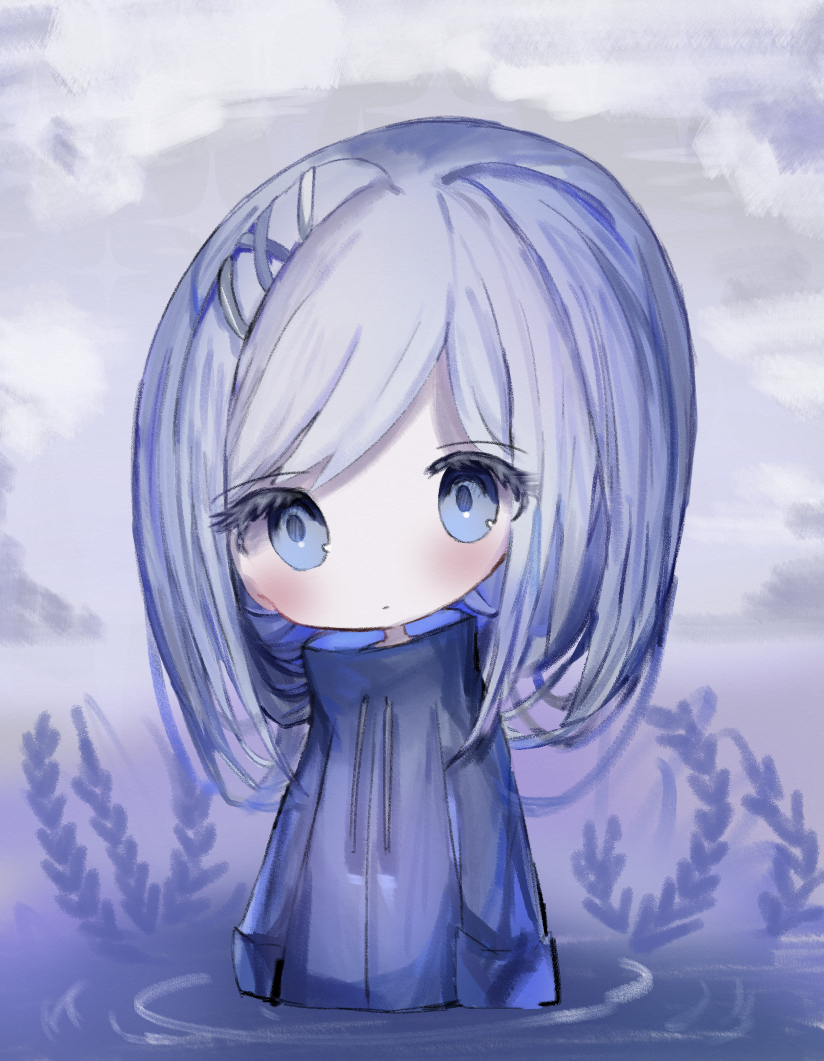 1girl, blue_eyes, blue_jacket, blue_sky, blush, chibi, closed_mouth, clouds