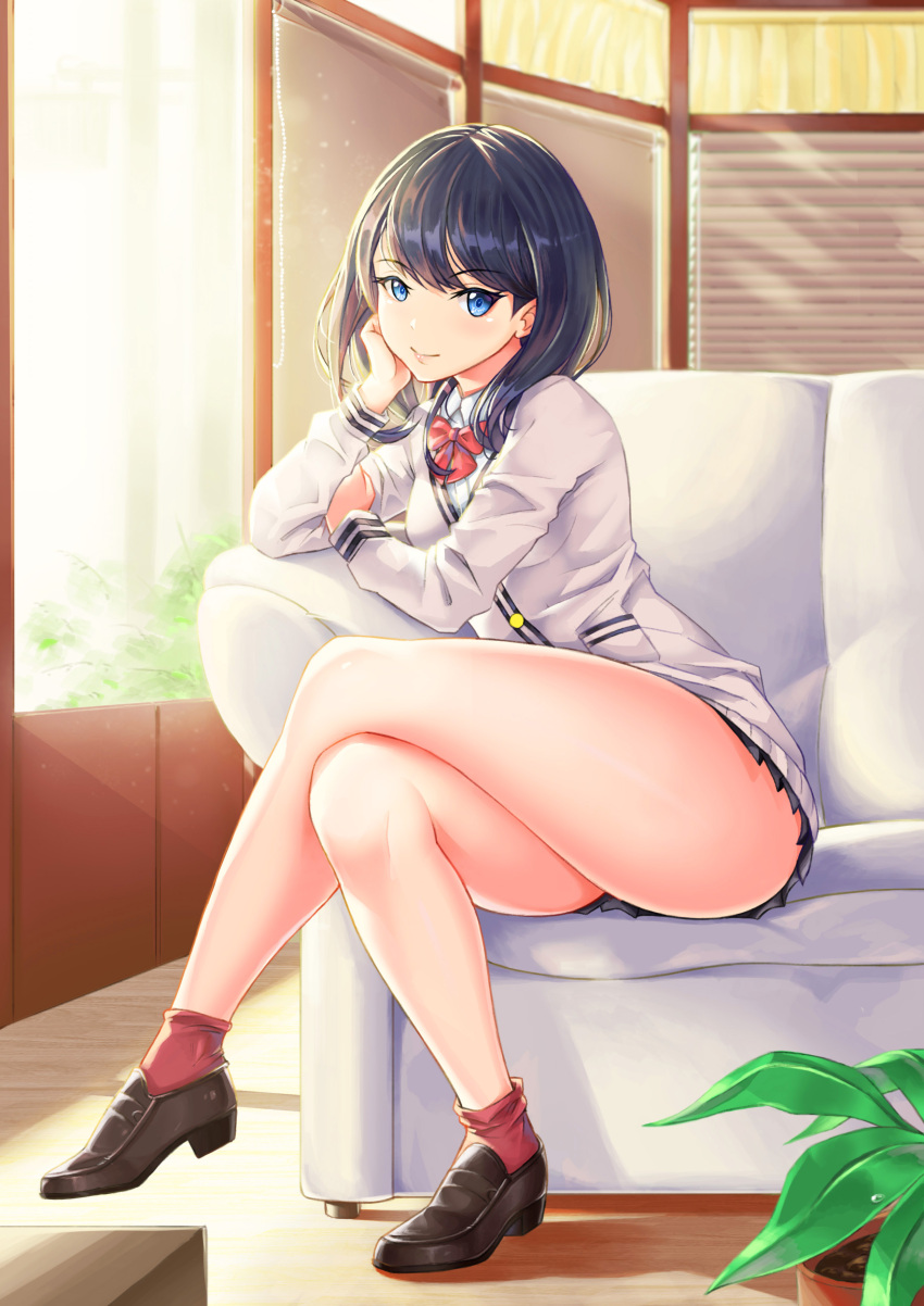 1girl, absurdres, bangs, bare_legs, blue_eyes, blue_hair, blush, bow