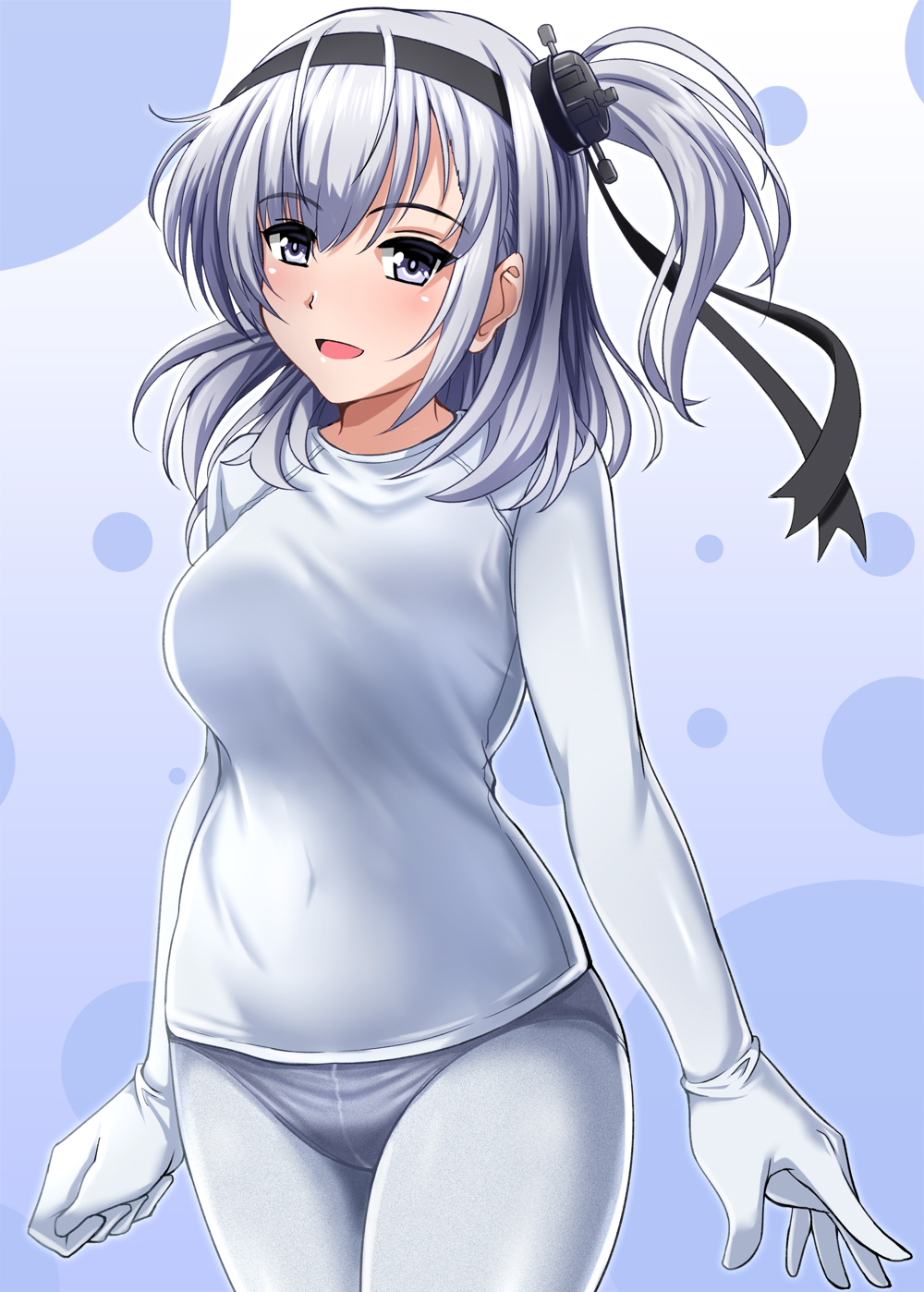 1girl, black_headband, blue_background, blue_panties, bodysuit, breasts, bubble_background, gloves