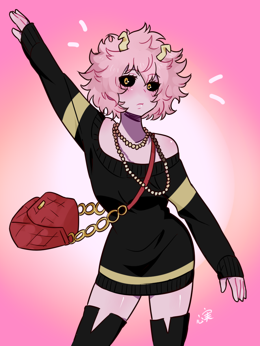 1girl, alternate_costume, ashido_mina, bag, bare_shoulders, black_sclera, blush, boku_no_hero_academia, casual, cowboy_shot, highres, horns, jewelry, kiboiru, long_sleeves, looking_at_viewer, necklace, pink_background, pink_hair, pink_skin, short_hair, simple_background, sleeves_past_wrists, smile, solo, sweater, yellow_eyes