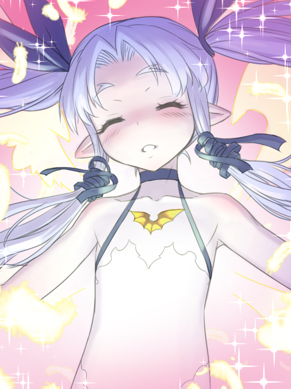 1girl, bare_shoulders, blue_hair, blush, closed_eyes, eden_(sennen_sensou_aigis), facing_viewer, feathers