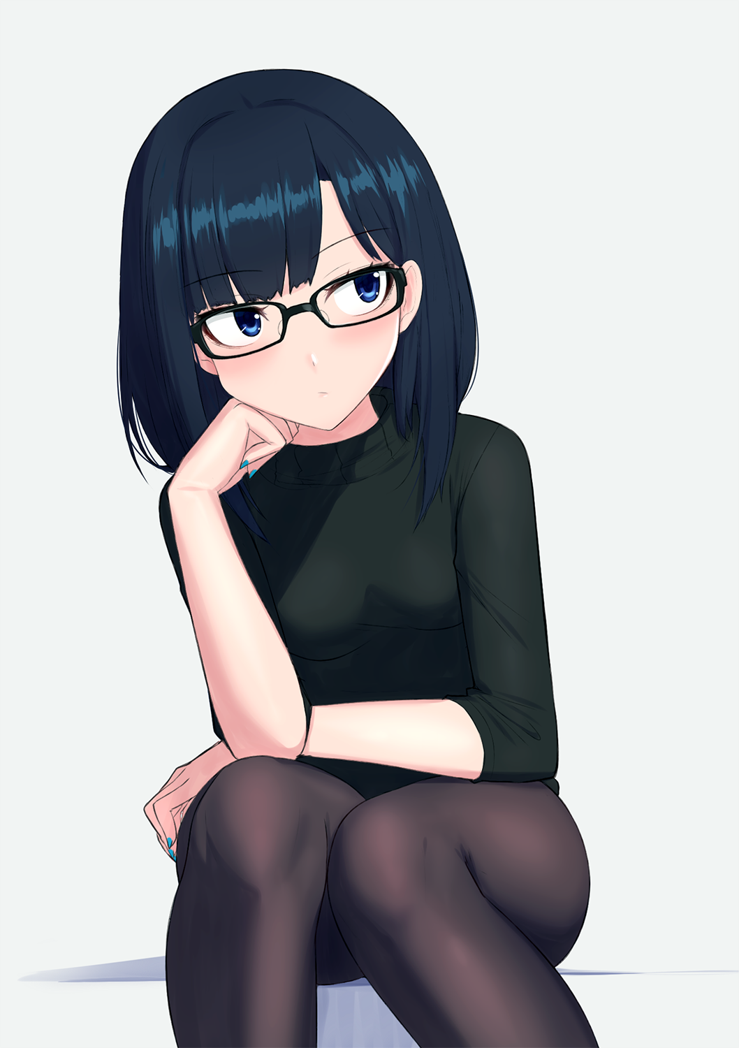 1girl, black_legwear, blue_bow, blue_eyes, blue_hair, blue_nails, blush, bow