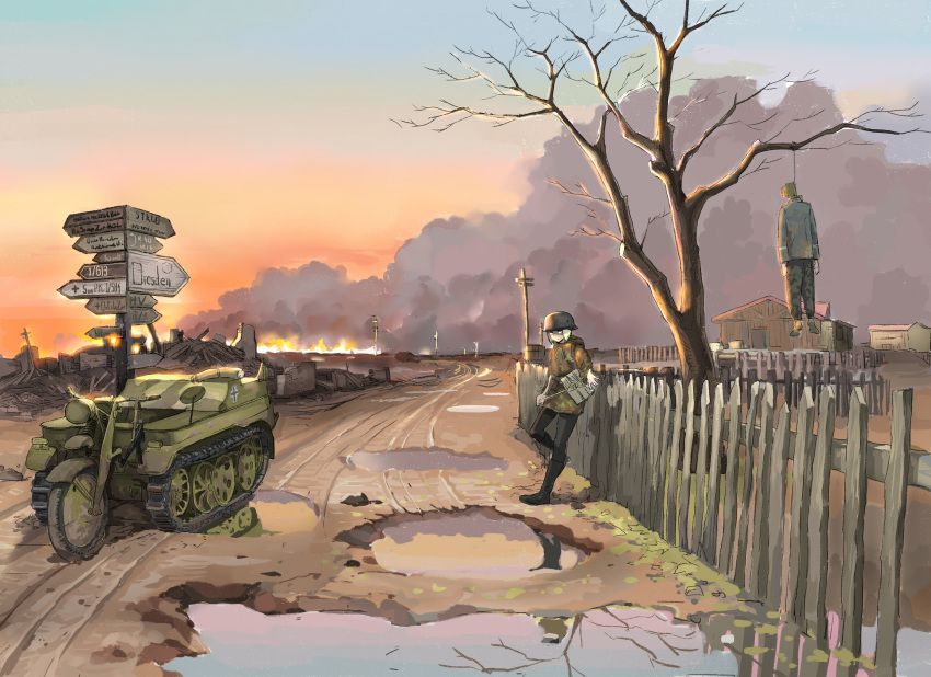 1boy, 1girl, absurdres, blonde_hair, boots, camouflage, commentary, corpse