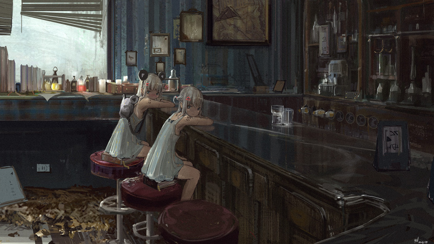 2girls, alcohol, backpack, bag, bar, bar_stool, dress, hair_ornament