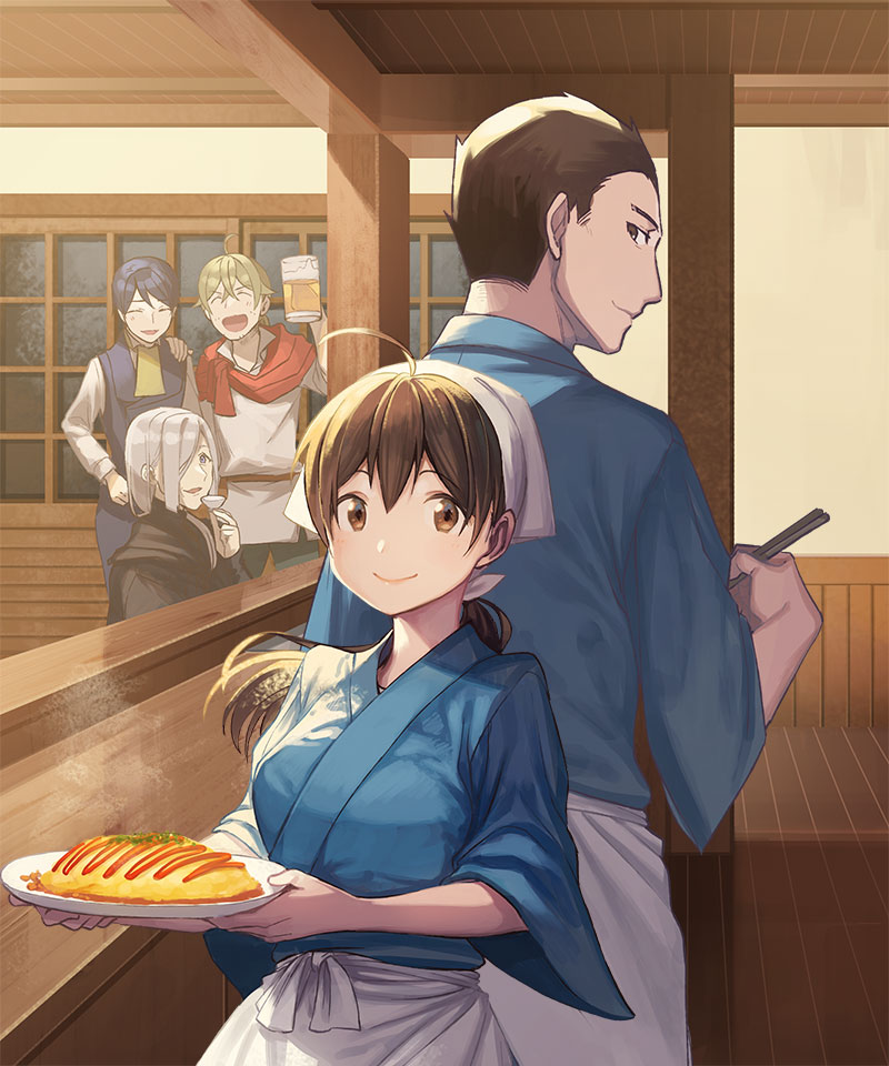 2girls, 3boys, :d, ahoge, back-to-back, beer_mug, black_hair, brown_eyes