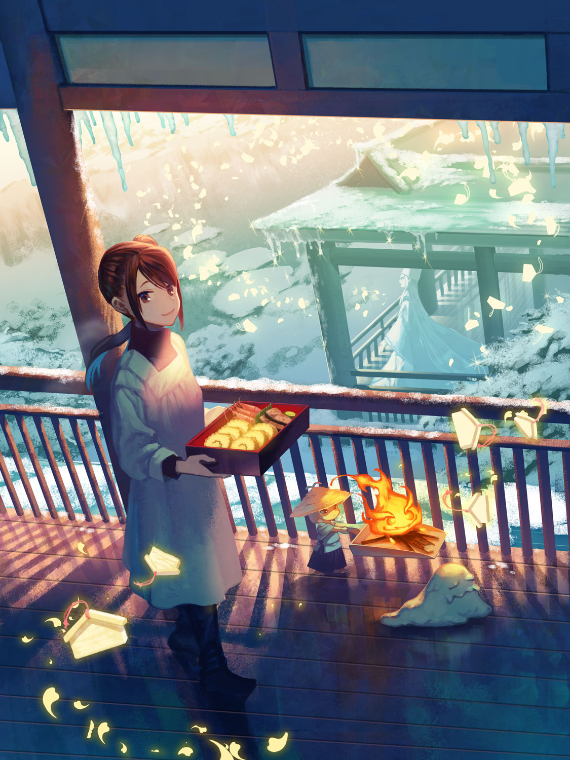 1girl, 2boys, black_footwear, brown_hair, copyright_request, day, fire, food