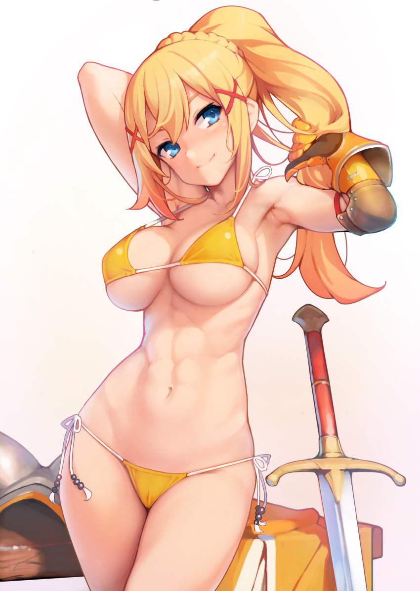 1girl, abs, absurdres, armpits, arms_up, ataruman, bikini, blonde_hair