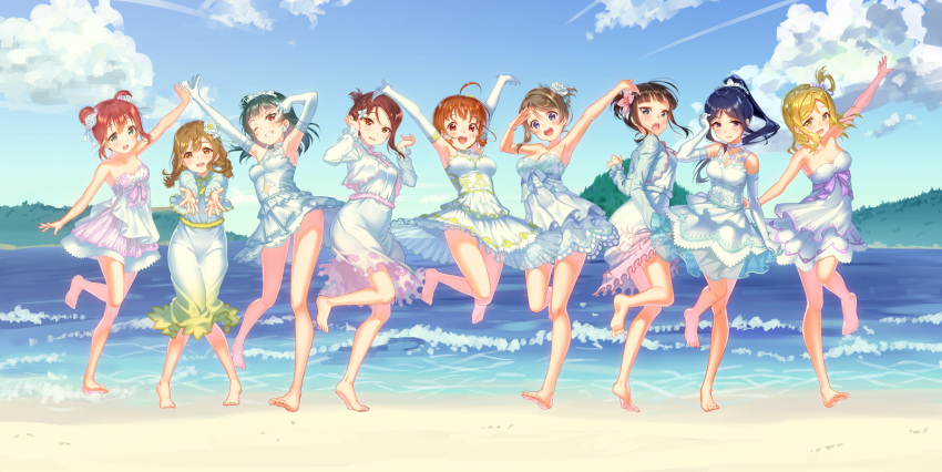 6+girls, :d, ahoge, alternate_hairstyle, aqua_eyes, arm_up, armpits, arms_up