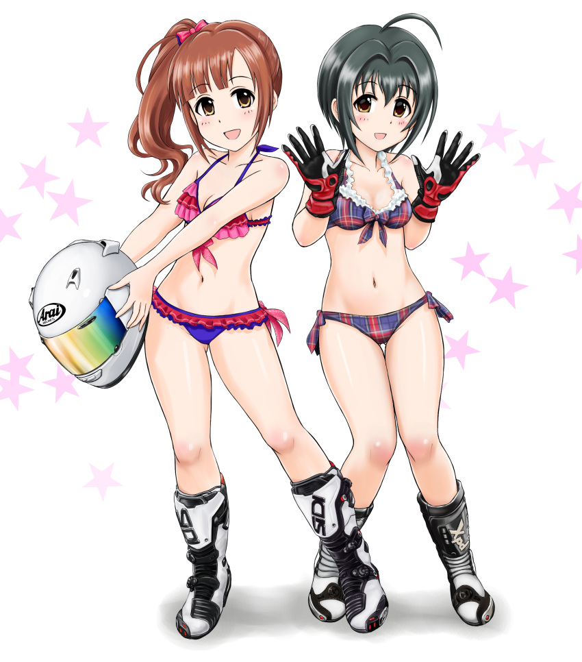 2girls, absurdres, ahoge, bangs, bare_shoulders, bikini, black_hair, blue_bikini