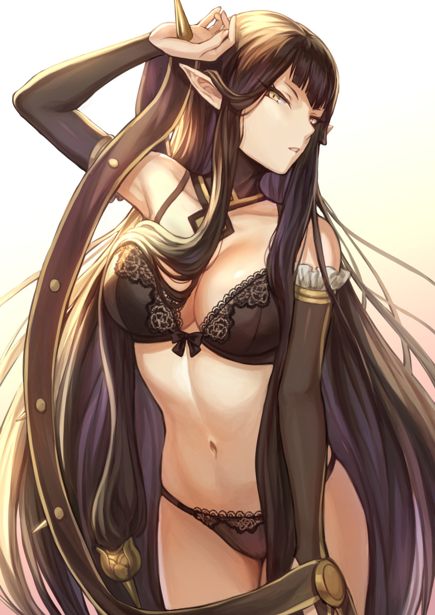 1girl, absurdly_long_hair, bangs, bare_shoulders, black_bra, black_hair, black_panties, bow, bow_bra, bra, breasts, bridal_gauntlets, choker, cleavage, collarbone, commentary_request, cowboy_shot, curvy, detached_sleeves, elf, eyebrows_visible_through_hair, fate/apocrypha, fate/grand_order, fate_(series), gradient, gradient_background, hair_between_eyes, highres, lace, lace-trimmed_thighhighs, large_breasts, lingerie, long_hair, looking_at_viewer, mashu_003, navel, open_mouth, panties, pointy_ears, ribbon-trimmed_bra, semiramis_(fate), signature, simple_background, solo, thigh-highs, thighs, twitter_username, underwear, underwear_only, very_long_hair, yellow_eyes