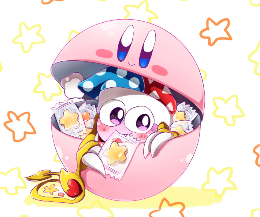 1boy, blush, candy, candy_wrapper, capsule, claws, commentary_request, fang
