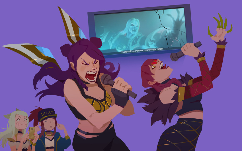 4girls, ahri, akali, animal_ears, blonde_hair, breasts, brown_hair, cameo