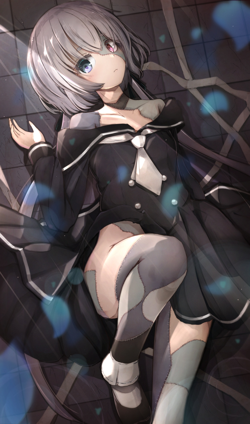 1girl, absurdres, bare_shoulders, blue_eyes, blush, green_hair, heterochromia, highres, konno_junko, long_hair, looking_at_viewer, low_twintails, lying, multicolored, multicolored_skin, munehiro_(21plus), no_panties, off_shoulder, on_back, on_floor, red_eyes, school_uniform, serafuku, skirt, skirt_lift, solo, stitches, twintails, white_neckwear, zombie, zombieland_saga