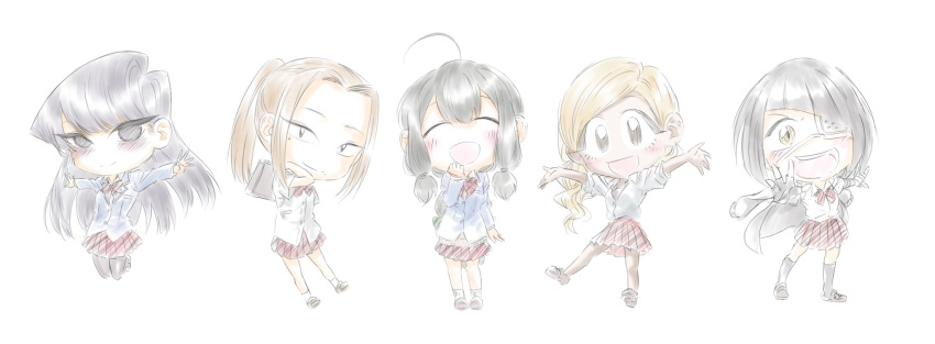5girls, black_eyes, black_hair, blonde_hair, brown_hair, chibi, eyepatch, highres