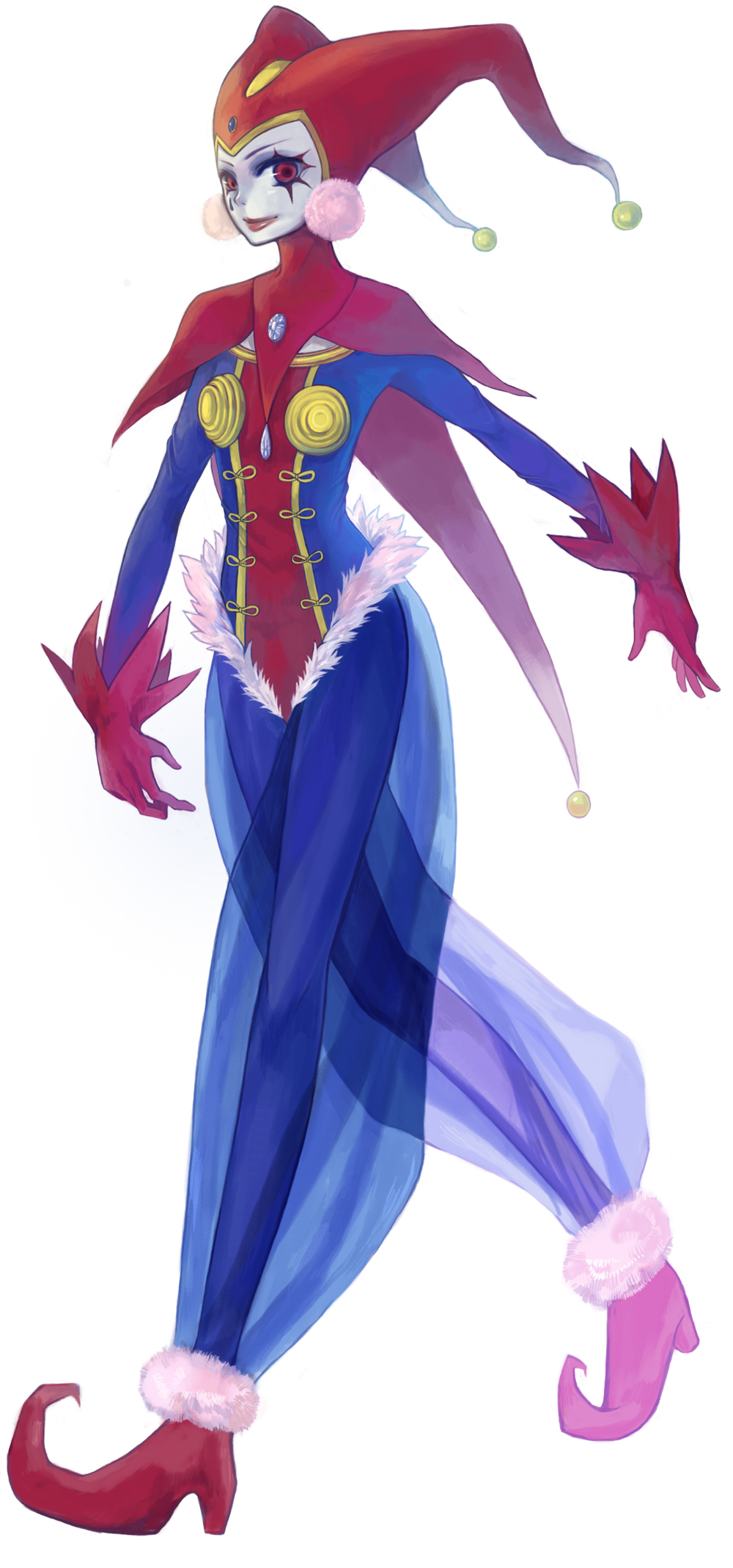 1girl, bodysuit, breasts, chrono_cross, commentary_request, facepaint, gloves, harem_pants, harlequin, hat, highres, irohakaname, jester_cap, leotard, looking_at_viewer, pants, pom_pom_(clothes), red_eyes, red_gloves, red_leotard, smile, solo, tassel, tsukuyomi_(chrono_cross)