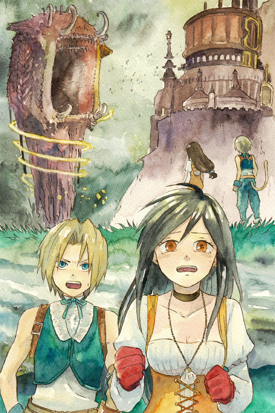1boy, 1girl, atomos, black_hair, blonde_hair, blue_eyes, bodice, bodysuit, bow, breasts, city, cleavage, commentary_request, deboo, final_fantasy, final_fantasy_ix, garnet_til_alexandros_xvii, gloves, jewelry, long_hair, necklace, orange_bodysuit, tail, town, traditional_media, watercolor_(medium), zidane_tribal