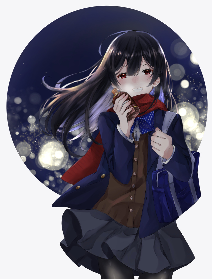 1girl, absurdres, bag, black_hair, black_legwear, blazer, blue_bow, blue_jacket
