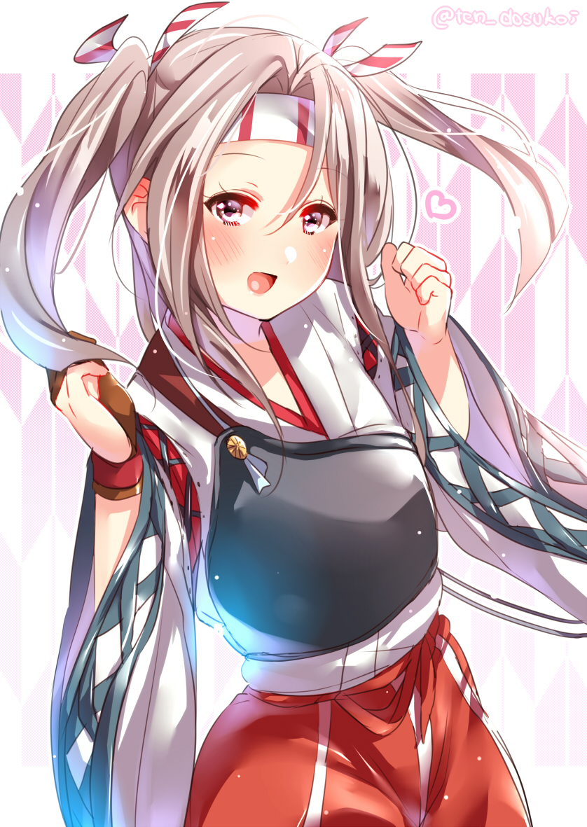 1girl, :d, blush, commentary_request, eyebrows_visible_through_hair, flat_chest, hair_between_eyes, hands_up