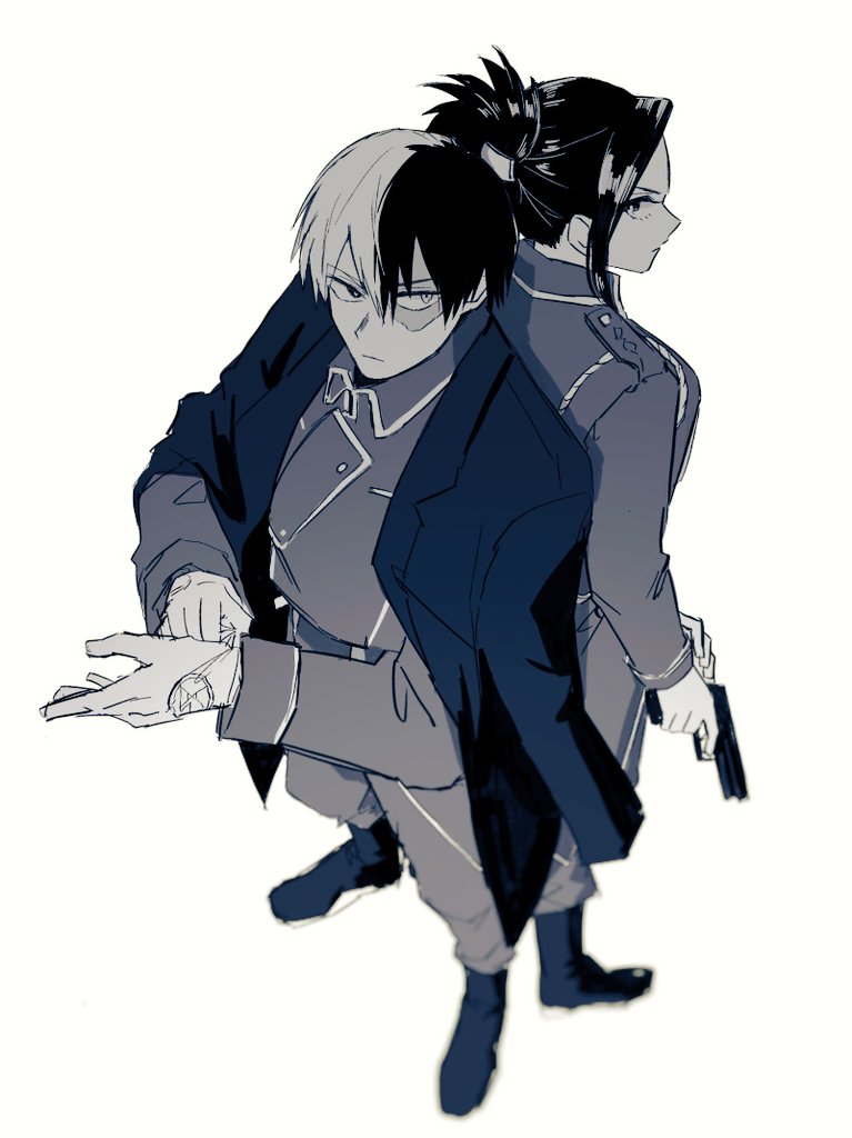 1boy, 1girl, amestris_military_uniform, back-to-back, boku_no_hero_academia, burn_scar, commentary_request, cosplay