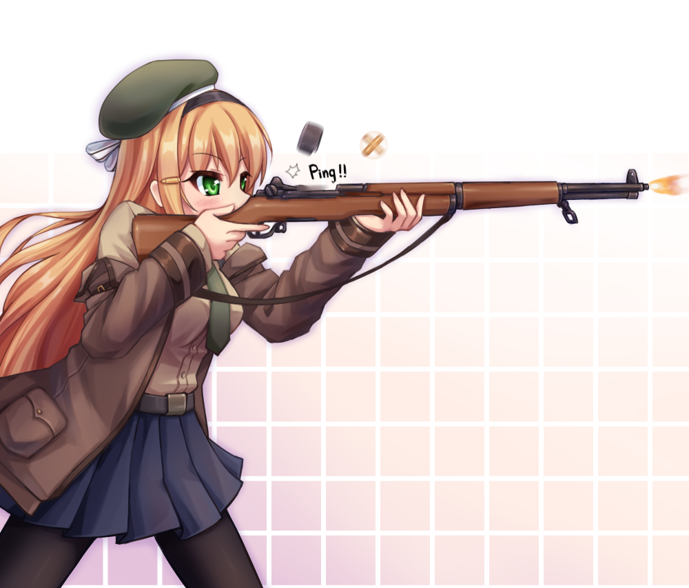 1girl, belt, beret, black_legwear, blonde_hair, blue_skirt, breasts, commentary_request