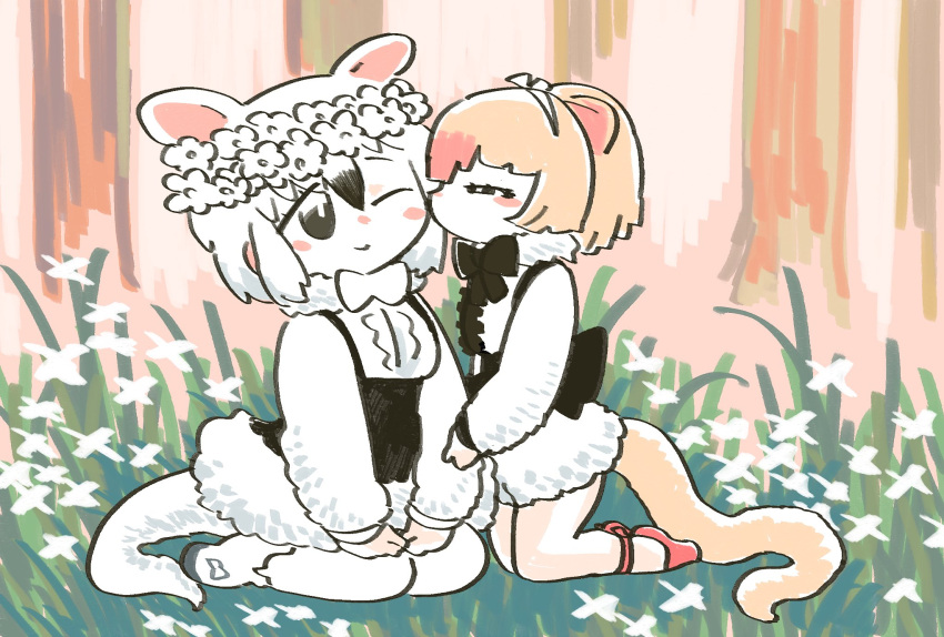 2girls, ;), animal_ears, anteater_ears, anteater_tail, black_eyes, black_neckwear, blonde_hair