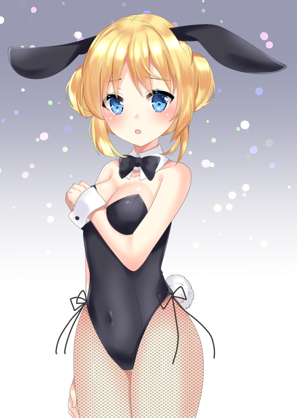 1girl, :o, animal_ears, bangs, bare_shoulders, black_leotard, black_neckwear, blonde_hair, blue_eyes, blush, bow, bowtie, breasts, bunny_girl, bunny_tail, bunnysuit, cleavage, collarbone, commentary_request, covered_navel, cowboy_shot, detached_collar, double_bun, eyebrows_visible_through_hair, fishnet_pantyhose, fishnets, hand_up, leotard, medium_breasts, misaki_(misaki86), original, pantyhose, parted_lips, rabbit_ears, side_bun, sidelocks, solo, standing, strapless, strapless_leotard, tail, white_collar, wing_collar, wrist_cuffs