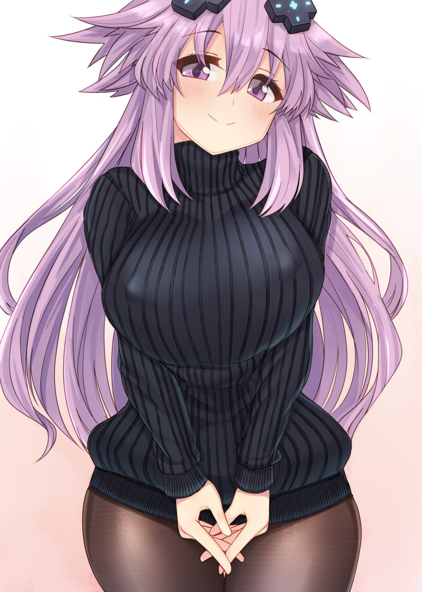 1girl, adult_neptune, bangs, black_sweater, blush, breast_squeeze, breasts, closed_mouth