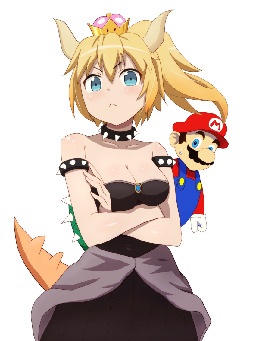 1boy, 1girl, a-1_pictures, ascii_media_works, bare_shoulders, blonde_hair, blue_eyes, blush, bowsette, breasts, brown_hair, cabbie_hat, can't_be_this_cute, cleavage, crossed_arms, dress, facial_hair, fang, hat, highres, horns, kanzaki_hiro_(style), mario, super_mario_bros., met, miyamoto_shigeru, monster_girl, mustache, new_super_mario_bros._u_deluxe, nintendo, nintendo_ead, ore_no_imouto_ga_konna_ni_kawaii_wake_ga_nai, parody, ponytail, shell, simple_background, sleeveless, sleeveless_dress, strapless, strapless_dress, super_crown, super_mario_bros., sweatdrop, tail, tokyo_mx, white_background