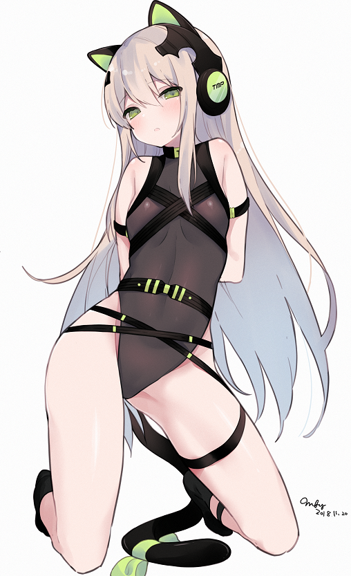 1girl, animal_ears, arms_behind_back, bangs, bare_shoulders, black_legwear, blush, breasts