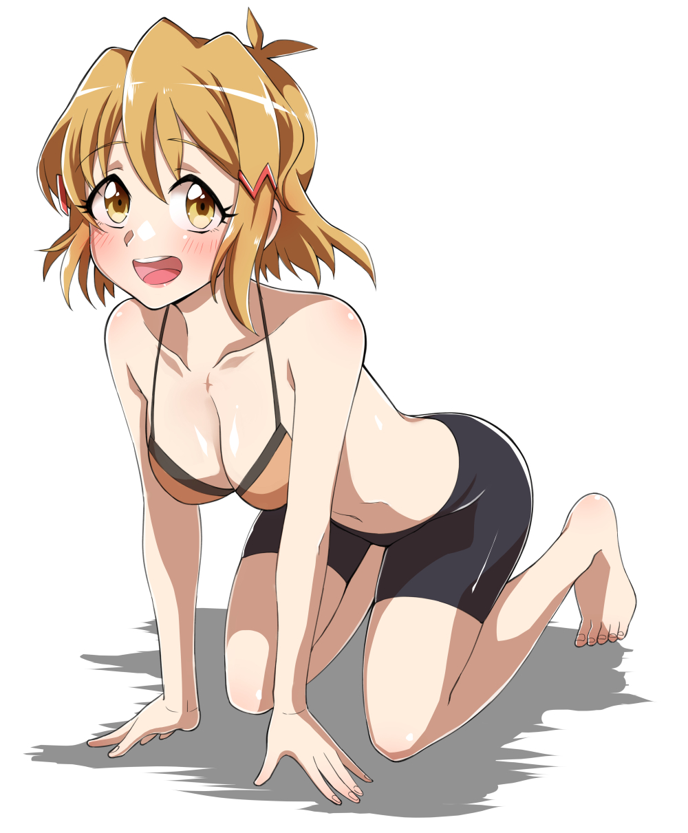 1girl, bike_shorts, bikini, blonde_hair, blush, breasts, highres, ishii_takuma