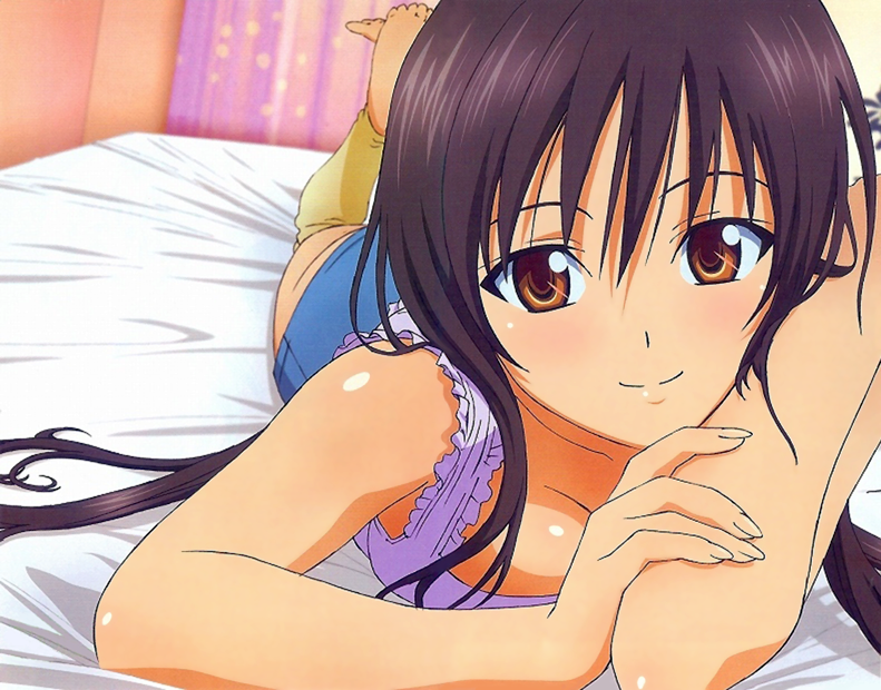 bed, bed_sheet, black_hair, breast_squeeze, breasts, kotegawa_yui, long_hair, lossy-lossless