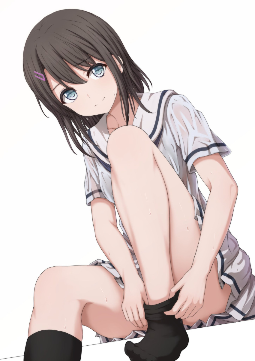 1girl, bang_dream!, bangs, black_hair, black_legwear, blue_eyes, commentary_request, convenient_leg
